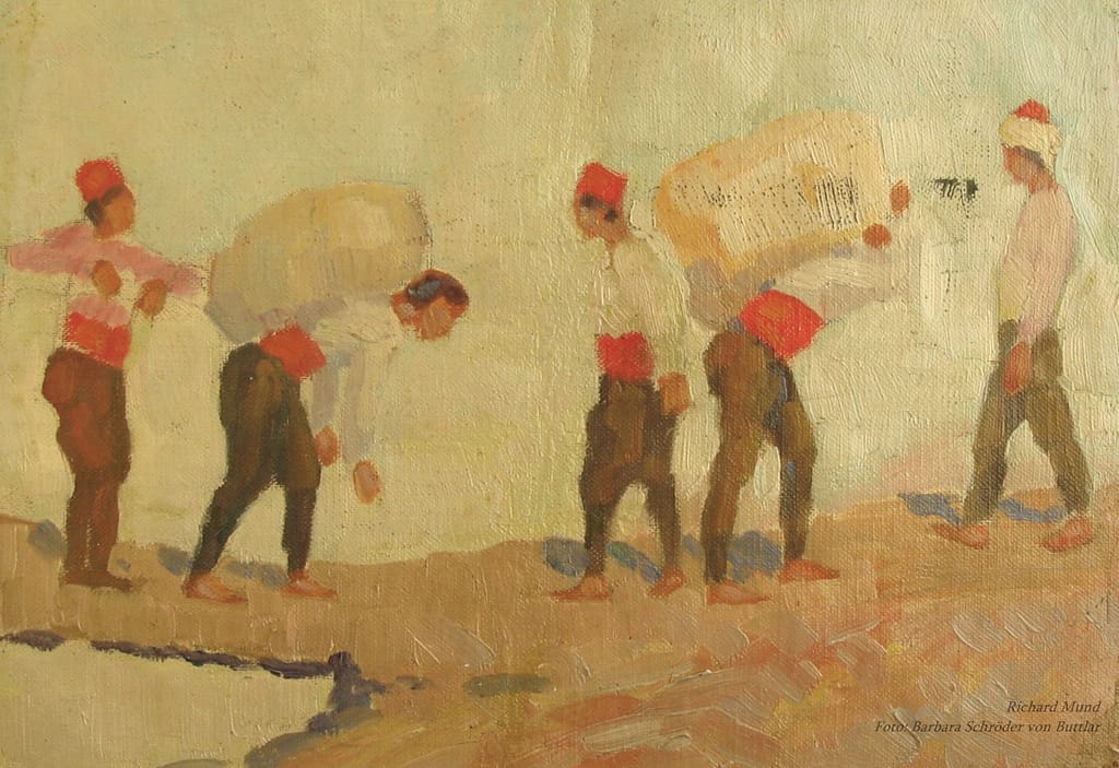 Ölgemälde von Richard Mund, Ungarische Bauern in Trachtenmode (roter Bauchgurt und Hut), vermutlich im Zeitraum des 1.Weltkriegs. Aus Sammlung Barbara Schröder von Buttlar