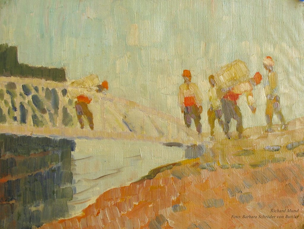 Ölgemälde von Richard Mund, Ungarische Bauern in Trachtenmode (roter Bauchgurt und Hut), vermutlich im Zeitraum des 1.Weltkriegs. Aus Sammlung Barbara Schröder von Buttlar